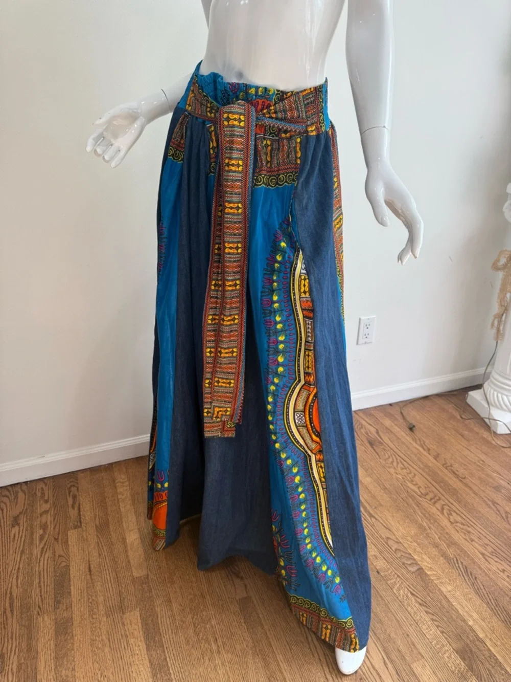 NWT Vintage Patchwork Full Length Denim Circle Hippie Festival Artsy Skirt Gypsy